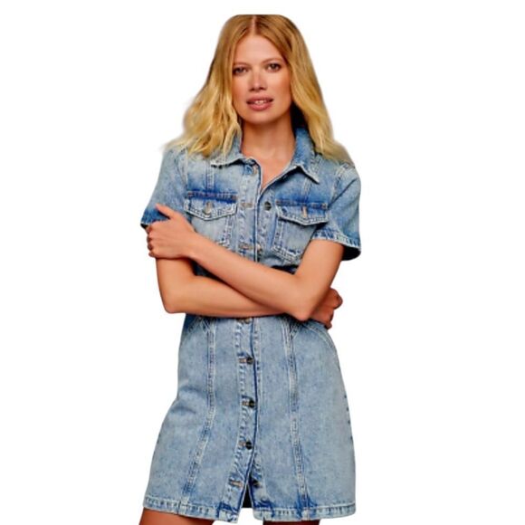 Pilcro Anthropologie Short-Sleeve Denim Button-Front Mini Dress 4 - Picture 2 of 6